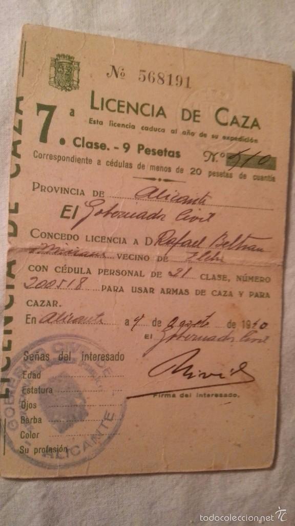 Manuscritos antiguos: ANTIGUO DOCUMENTO ORIGINAL LICENCIA DE CAZA CEDULA PERSONAL SELLO ELCHE - Foto 1