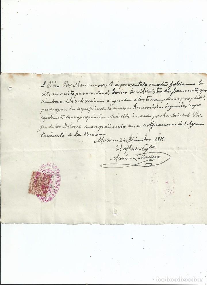 Manuscritos antiguos: 1915 MANUSCRITO SOBRE VALORACI&Oacute;N DE TERRENOS EN LA UNI&Oacute;N MURCIA - SELLO TIMBRE