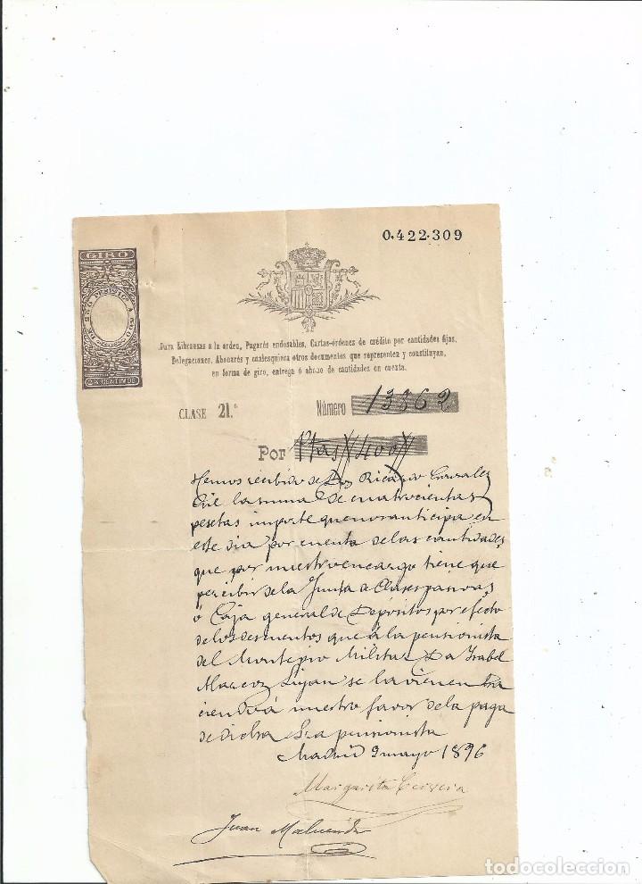 Manuscritos antiguos: 1896 - SELLO FISCAL GIRO 250 PTS. NUMERADO CLASE 21 - JUAN MALUENDA MARGARITA CERVERA