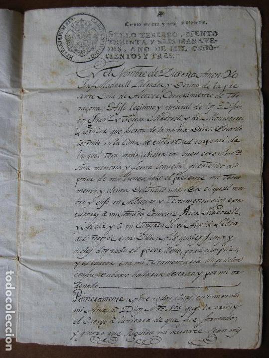 Manuscritos antiguos: MANUSCRITO ALCOVER A&Ntilde;O 1803 - TESTAMENTO - Foto 4