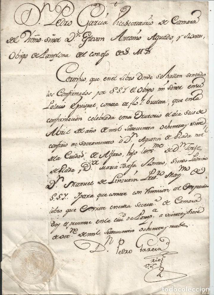 Manuscrits anciens: 1789 - CONFIRMACI&Oacute;N - OBISPADO DE PAMPLONA NAVARRA - SELLO DE PLACA