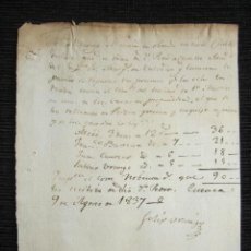 Manuscritos antiguos: AÑO 1837. CUENCA. MAESTRO FELIX URANGO RECIBO A MARQUÉS DE VALVERDE. OBRAS MOLINO DE SAN MARTÍN. . Lote 87782748