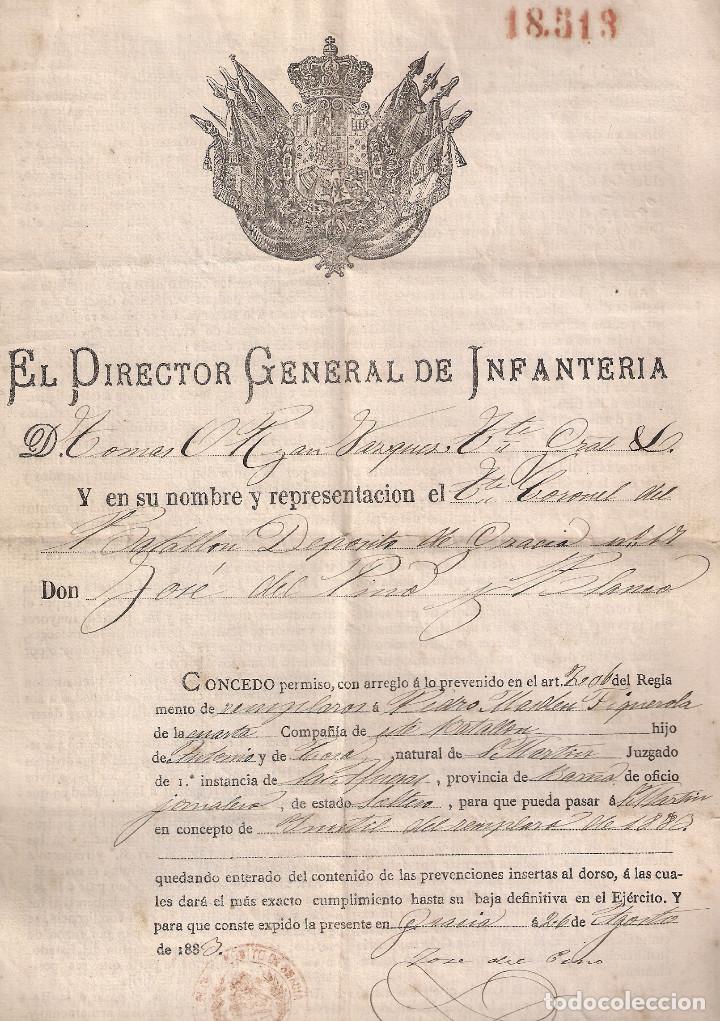 Manuscritos antiguos: DOCUMENTO MILITAR ORIGINAL - A&Ntilde;O 1883- EL DIRECTOR GENERAL DE INFANTER&Iacute;A ... - Foto 1