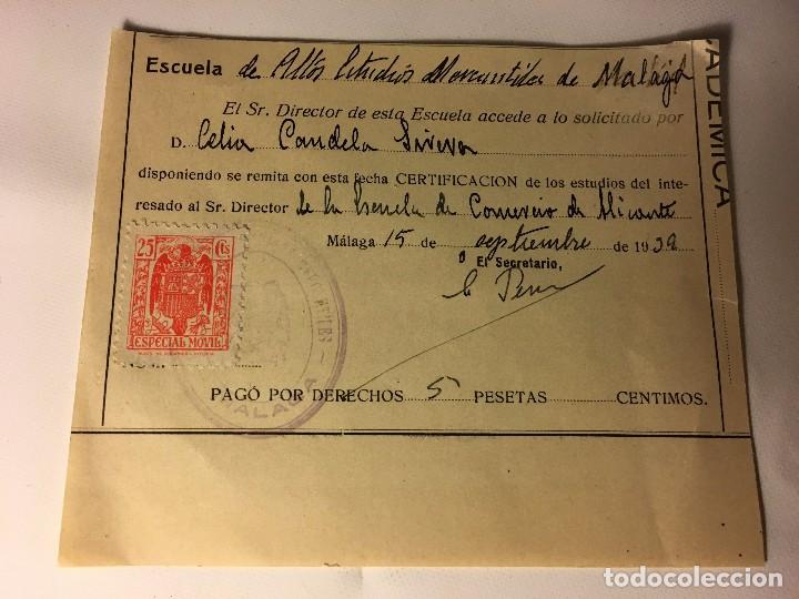 Manuscritos antiguos: ANTIGUO DOCUMENTO CON SELLO ESCUELA COMERCIO ALICANTE 1939 - Foto 1