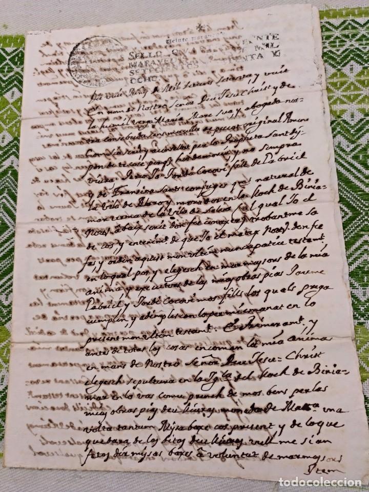 Manuscritos antiguos: 20 MARAVEDIS DOCUMENTO DE DOS HOJAS DE 1778 RELATIVO A BINIAMAR SELVA - Foto 1