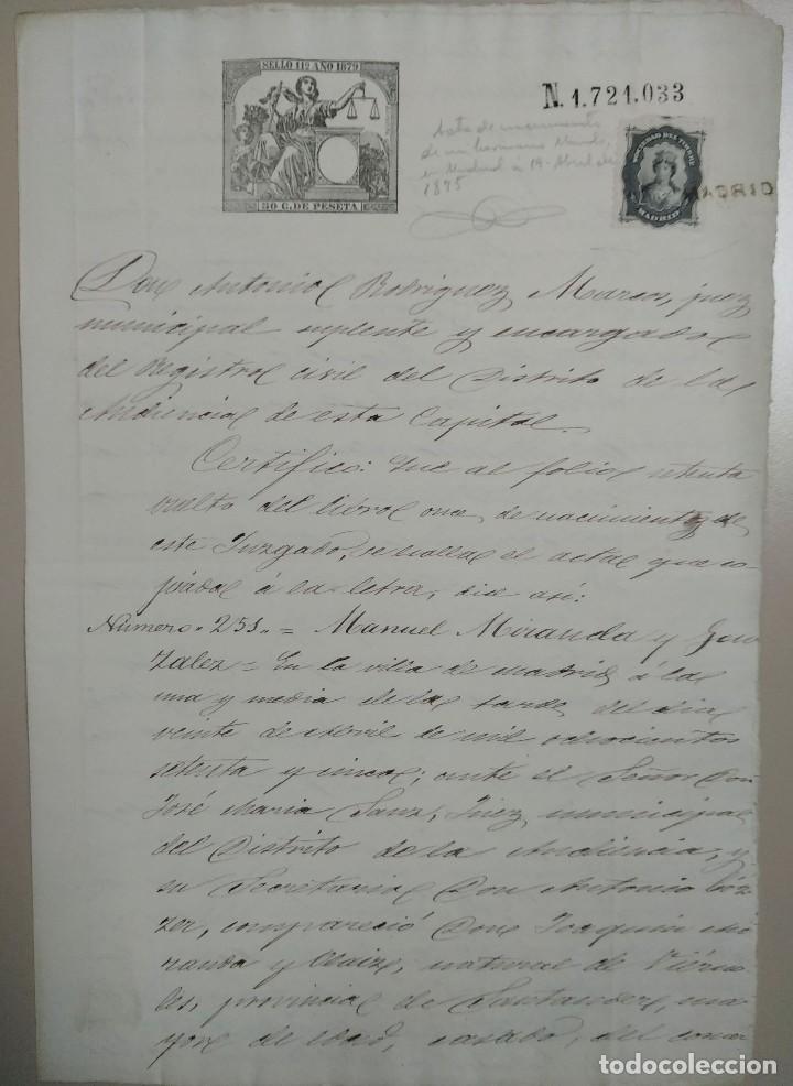 Manuscritos antiguos: certificado de nacimiento en Madrid. 1875 - Foto 1