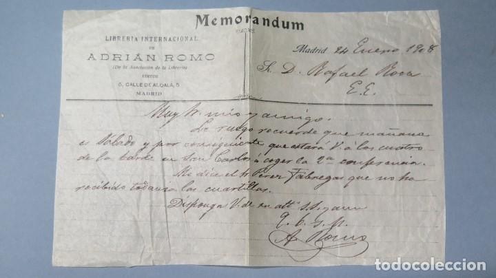 Manuscritos antiguos: CARTA MANUSCRITA DEL EDITOR Y LIBRERO ADRIAN ROMO. 1908 - Foto 1