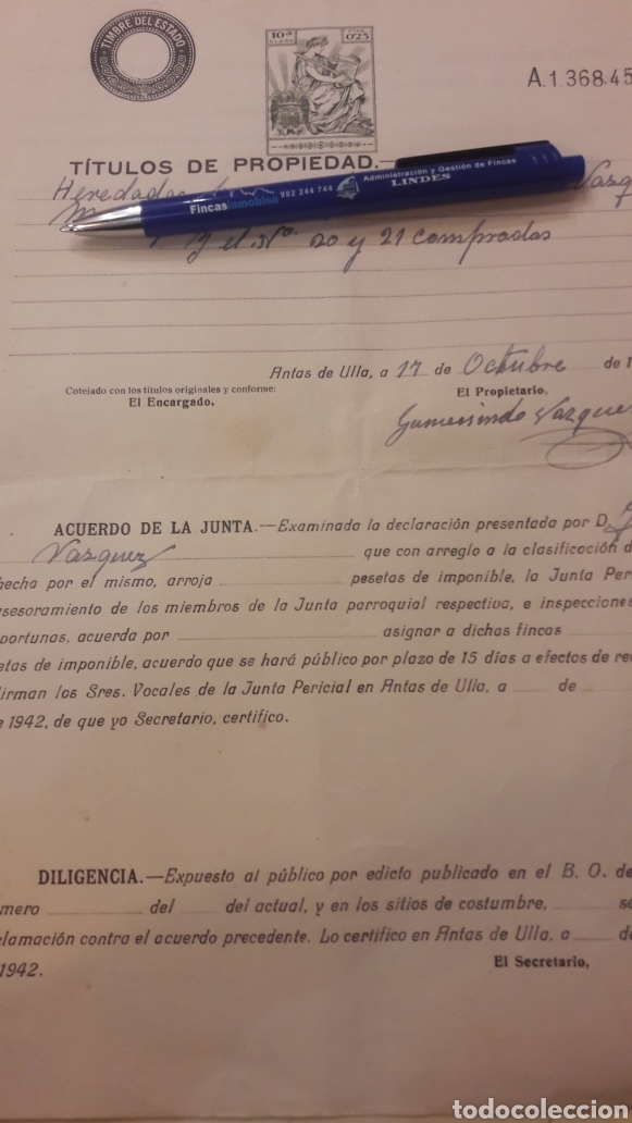 Manuscritos antiguos: 1942 Titulo Propiedad Antas Ulla - Foto 1