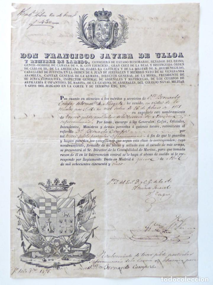 Ancient Manuscripts: NOMBRAMIENTO DE TERCER PILOTO DE LA CARRERA DE AM&Eacute;RICA. MADRID 1855