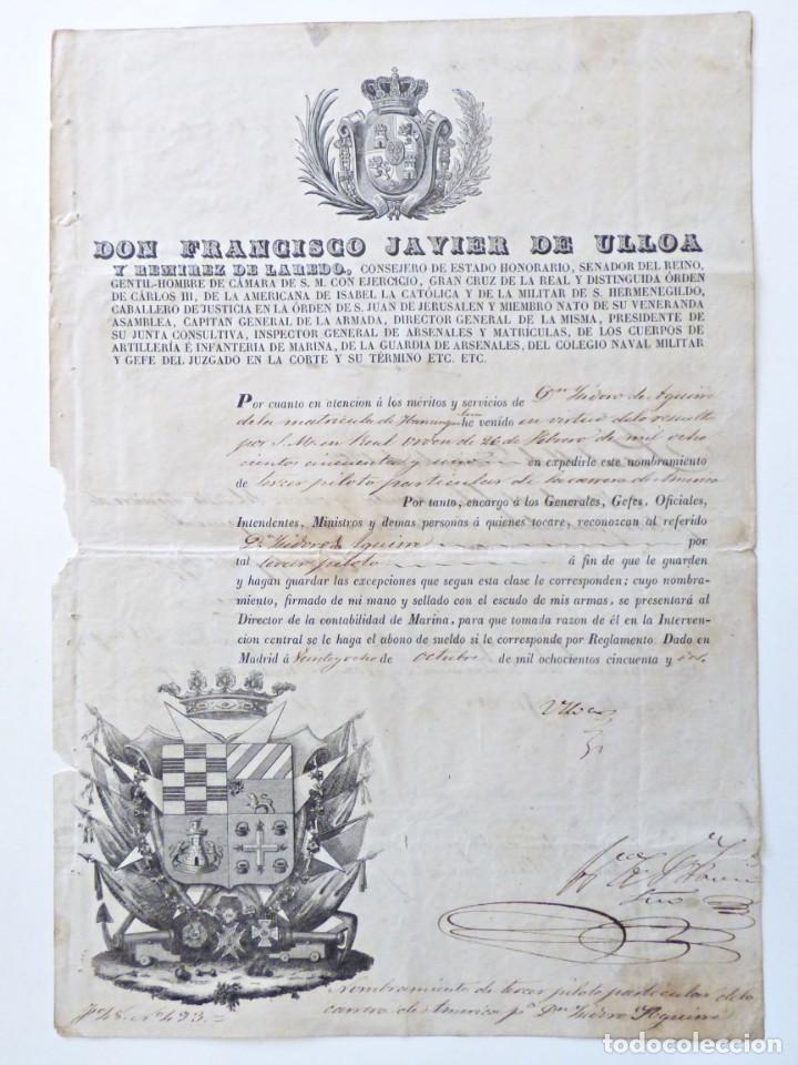 Manuscritos antigos: NOMBRAMIENTO DE TERCER PILOTO DE LA CARRERA DE AM&Eacute;RICA. MADRID 1852