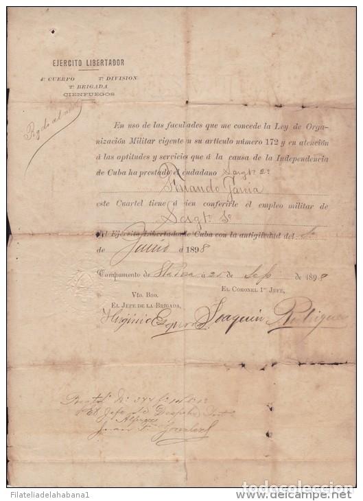 Manuscritos antiguos: E3055 CUBA INDEPENDENCE WAR 1898 SIGNED DOC GENERAL HIGINIO ESQUERRA. - Foto 4