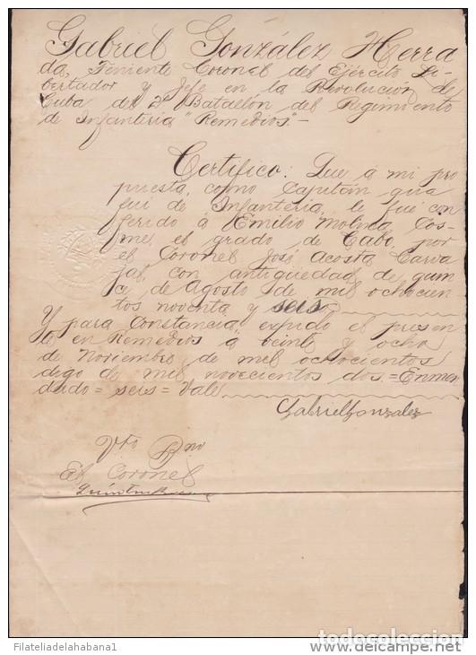 Manuscritos antiguos: E3061 CUBA INDEPENDENCE WAR 1902 SIGNED DOC CORONEL QUINTIN BRAVO. - Foto 3