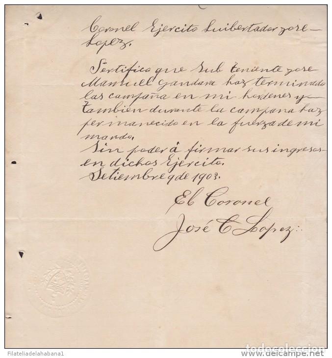 Manuscritos antiguos: E3062 CUBA INDEPENDENCE WAR 1903 SIGNED DOC CORONEL JOSE C. LOPEZ. - Foto 3