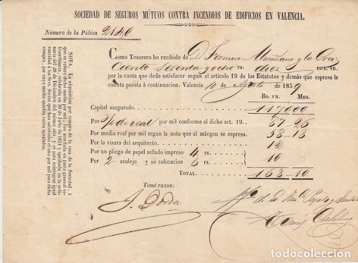 Manuscritos antiguos: 1859 RECIBO SEGUROS MUTUOS CONTRA INCENDIOS DE EDIFICIOS EN VALENCIA - Foto 1