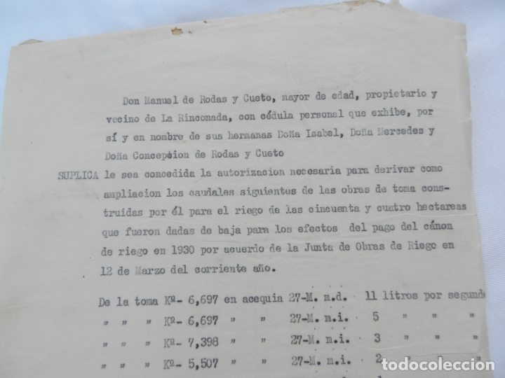 Manuscritos antiguos: DOCUMENTO DE SUPLICA D. M. DE RODAS CUETO, LA RINCONADA- AMPLIACI&Oacute;N DE CAUDAL- 1931. - Foto 1