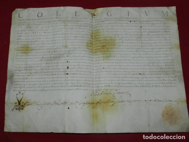 Manuscrits anciens: (M) Pergamino Manuscrito Collegium ( Juntos por Ley) MDCLXVIII, S:D:N:D: Clementis PP.IX con Sello