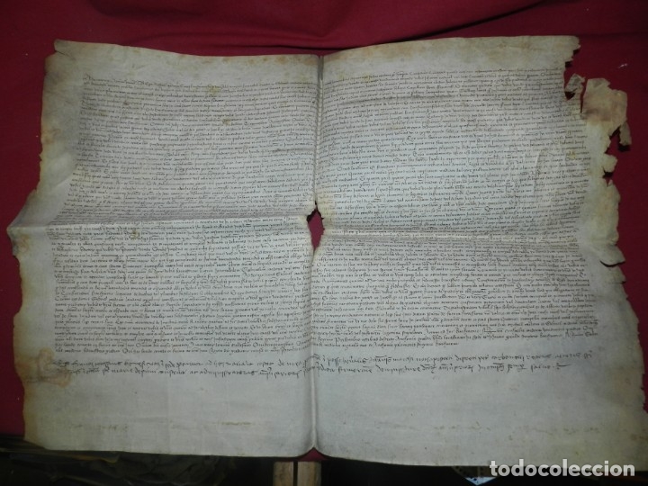 Manoscritti antichi: (M) PERGAMINO DE CARDONA A&Ntilde;O 1447, 60X45 CM, SE&Ntilde;ALES DE USO CON ROTURITAS
