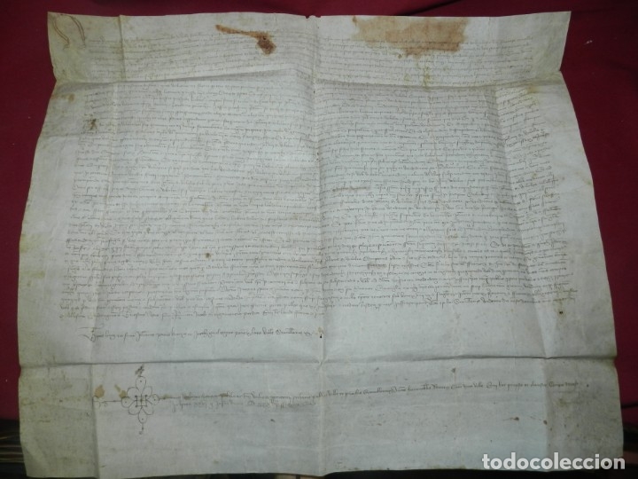 Ancient Manuscripts: (M) PERGAMINO DE GRANOLLERS A&Ntilde;O 1439, 60X50 CM, SE&Ntilde;ALES DE USO CON ROTURITAS