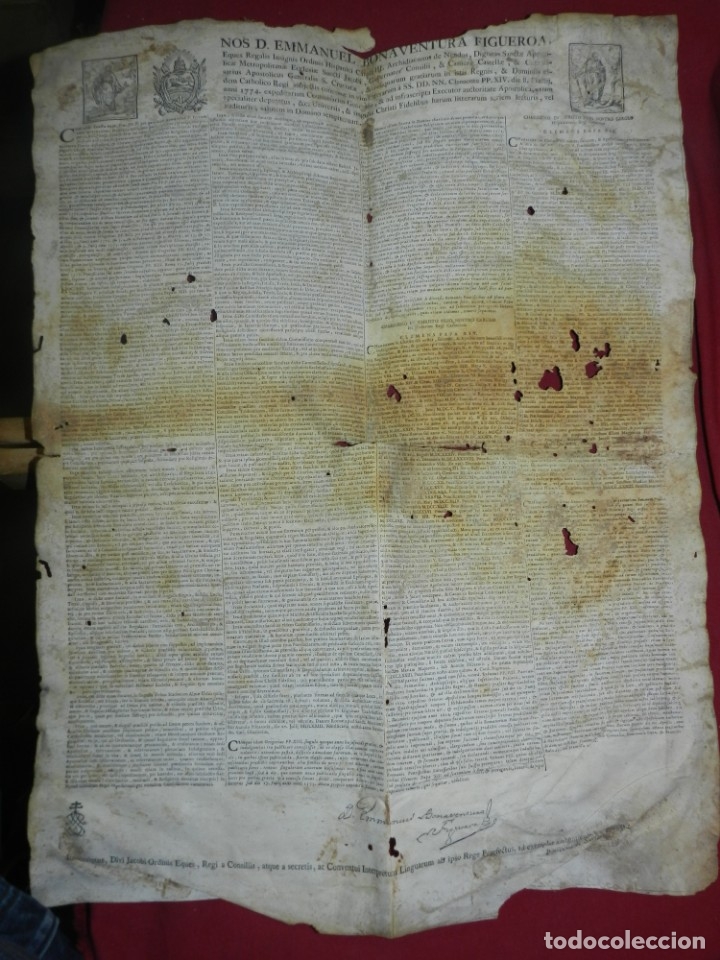 Manuscritos antigos: (M) PERGAMINO CON GRABADO DE ZARAGOZA A&Ntilde;O 1774 D. EMMANUEL BONAVENTURA FIGUEROA