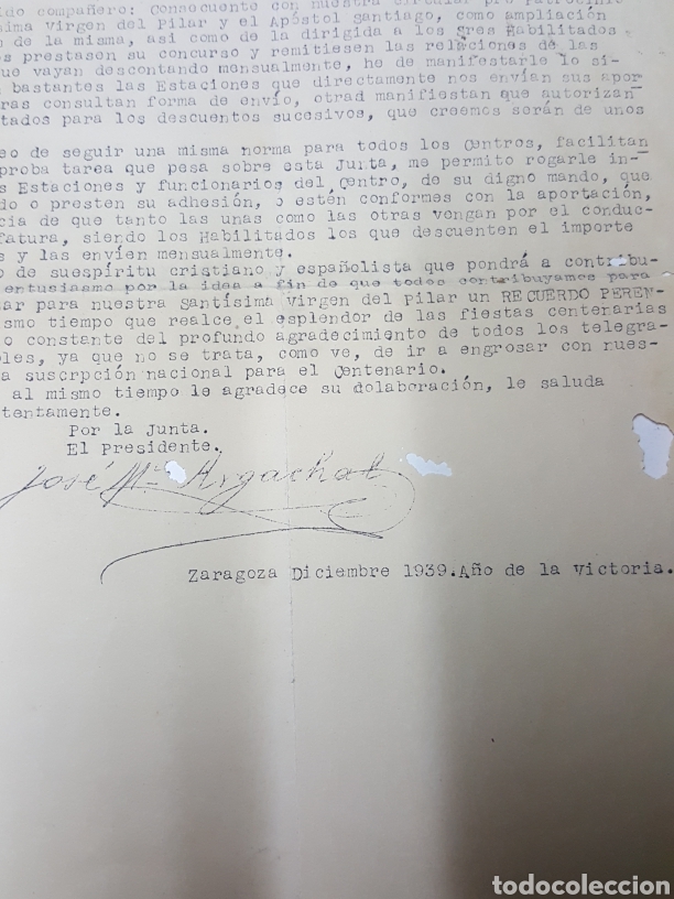 Manuscritos antiguos: Carta centenario virgen del pilar a&ntilde;o 1939 - Foto 3