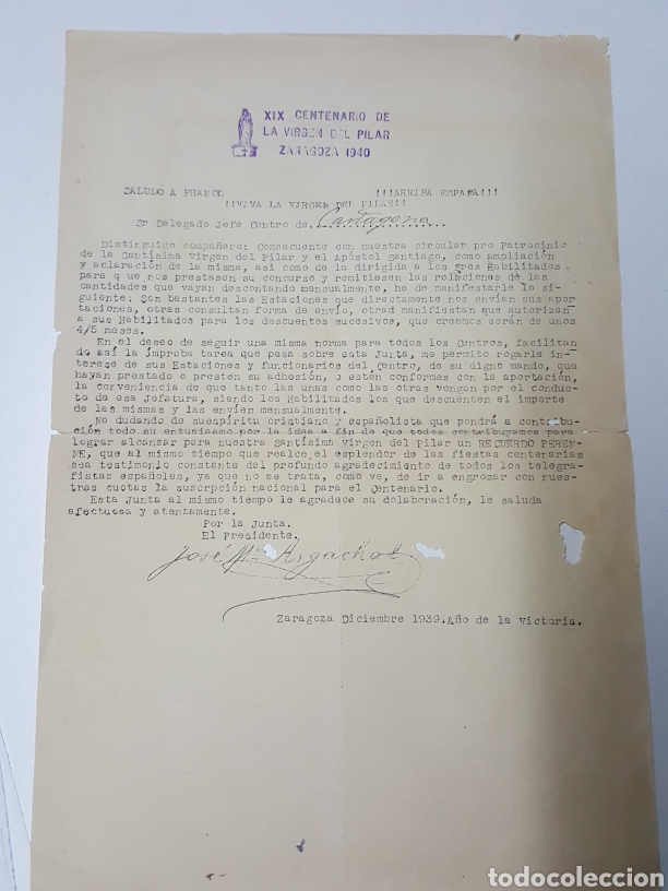 Manuscritos antiguos: Carta centenario virgen del pilar a&ntilde;o 1939 - Foto 1