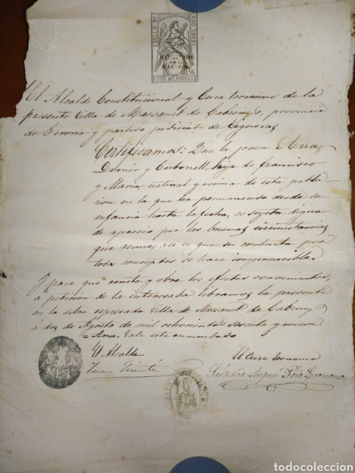 Manuscritos antiguos: Documento 1869 Gerona partido judicial de figueras - Foto 2
