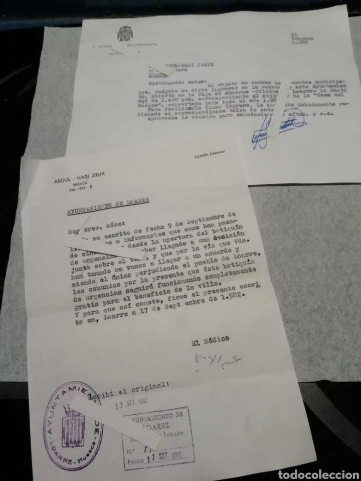 Manuscritos antiguos: 2 documentos del m&eacute;dico y ayuntamiento de loarre Huesca 1982 - Foto 1