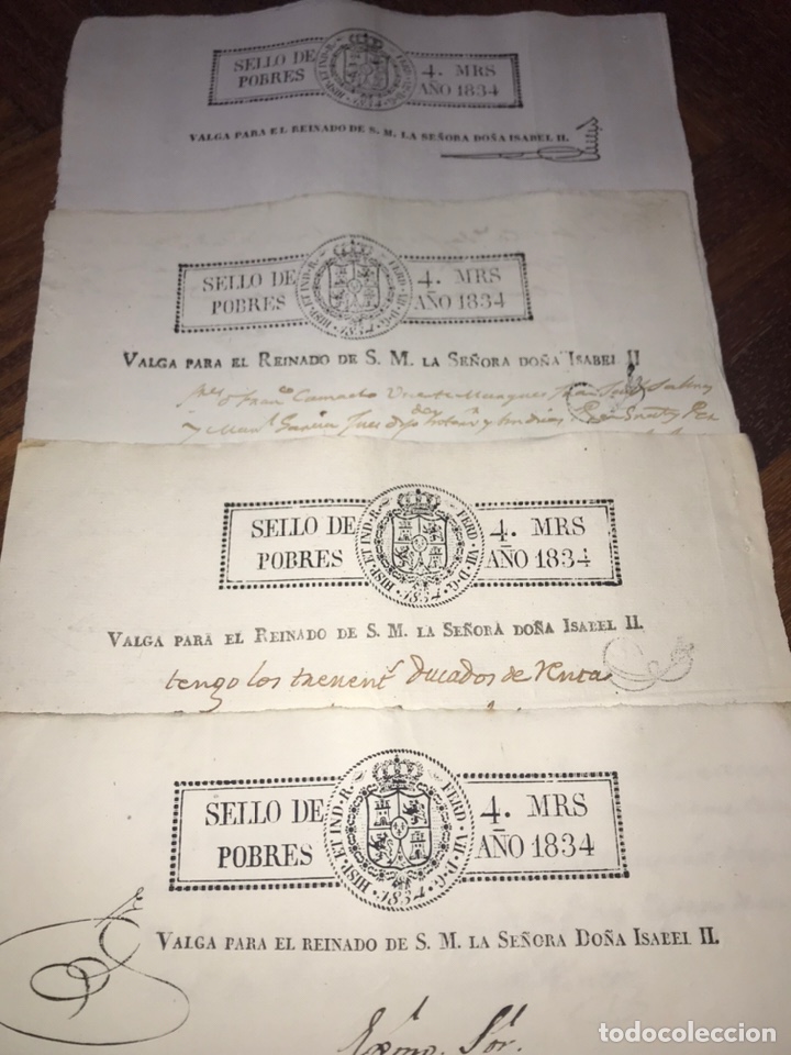 Ancient Manuscripts: PAPEL SELLADO. SELLO DE POBRES 1834. LOTE DE 4 VARIANTES DE HABILITACI&Oacute;N.