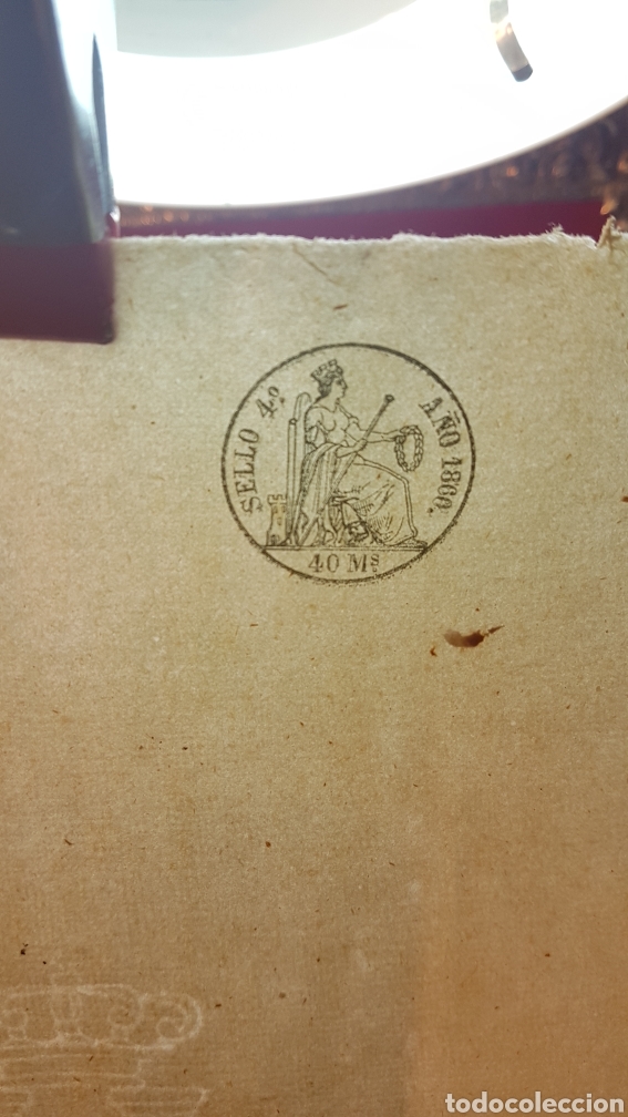 Manuscritos antiguos: PAPEL TIMBRADO, DE OFICIO SIN USO, 3 SELLOS; MARCA DE AGUA TAMP&Oacute;N Y SELLO EL SECO DE ISABEL II 1860.
