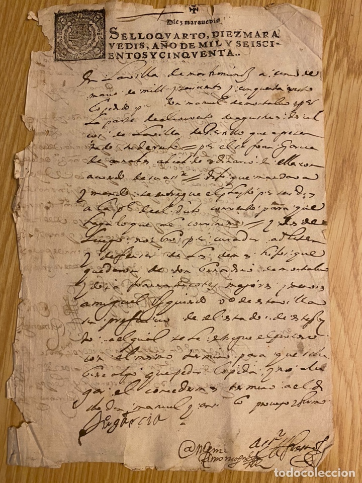 Manuscritos antiguos: Manuscrito del a&ntilde;o 1650 sello cuarto 10 maraved&iacute;es - Foto 1