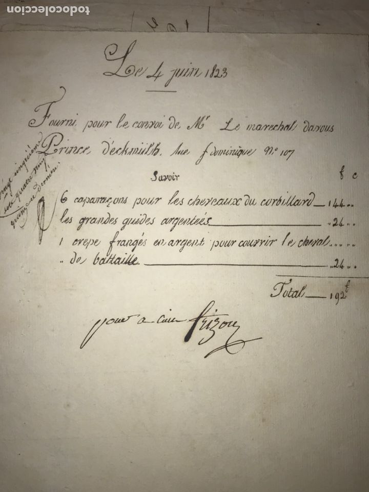 Manuscritos antiguos: FUNERAILLES MAR&Eacute;CHAL DAVOUT. CONJUNTO 15 DOCUMENTOS FUNERALES DEL MARISCAL. 1823 - Foto 9