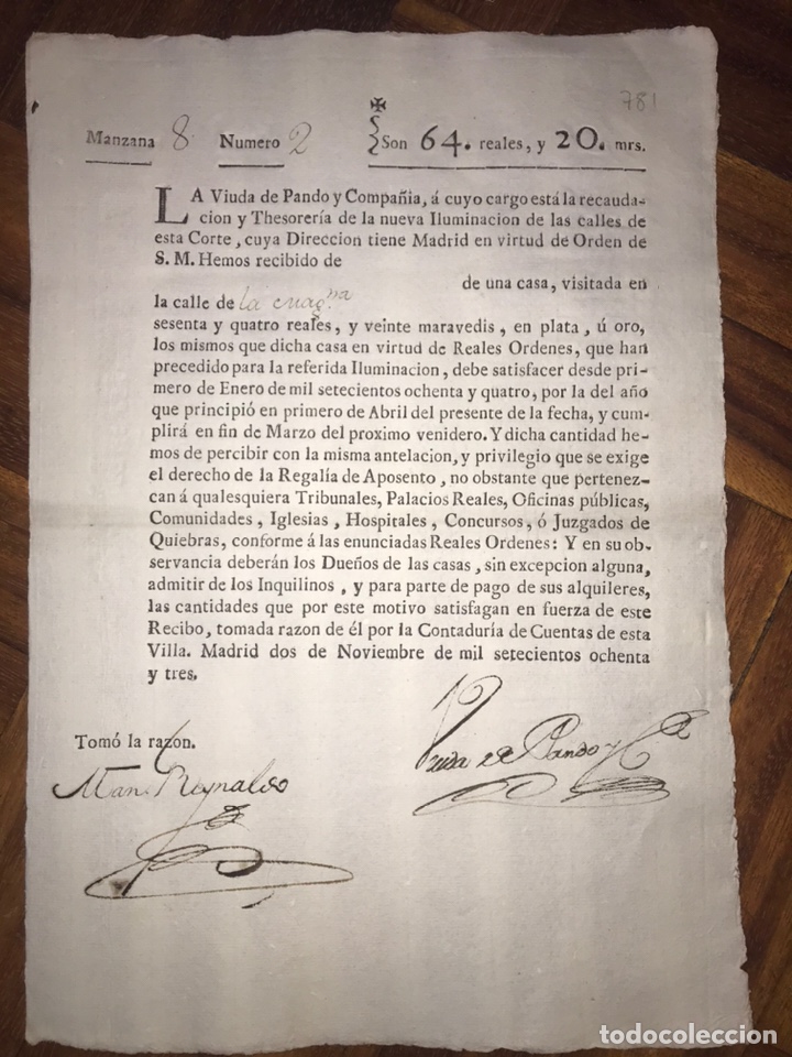 Manuscritos antiguos: RECAUDACI&Oacute;N PARA LA ILUMINACI&Oacute;N DE LAS CALLES DE MADRID. CALLE DE LA MAGDALENA. 1783. VIUDA PANDO