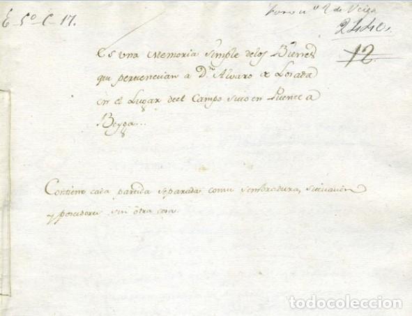 Manuscritos antiguos: Galicia. MEMORIA SIMPLE DE BIENES. D. Alvaro de Loraba en el lugar de Puente a Beiga.