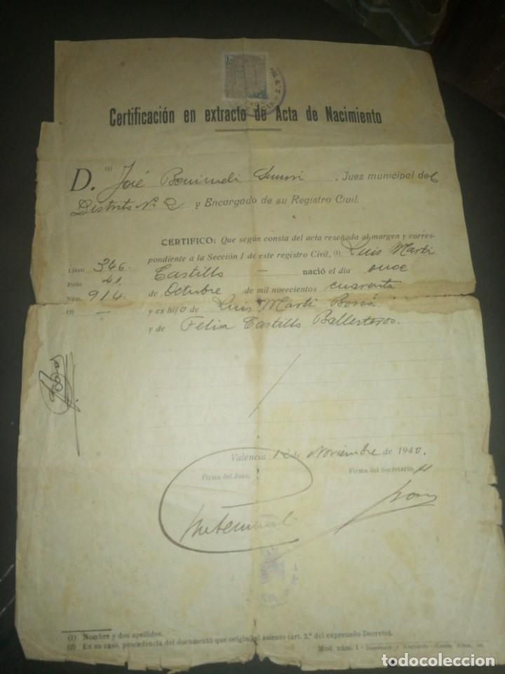 Manuscritos antiguos: VALENCIA, 1940,CERTIFICADO ACTA NACIMIENTO - Foto 1