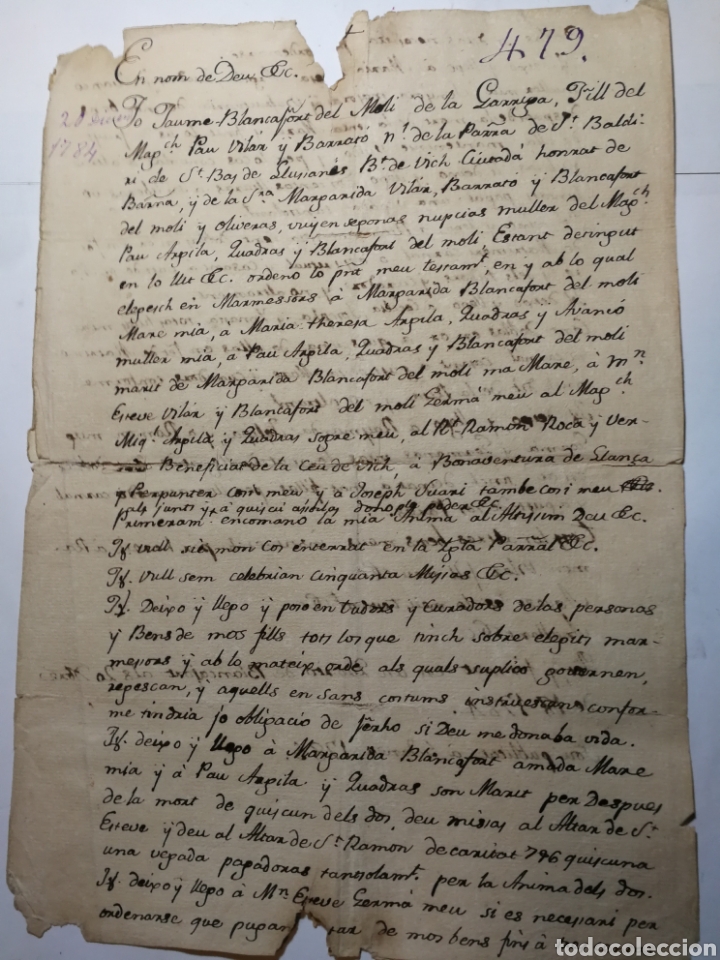 Manuscritos antiguos: documento escrito a mano del 1784 - Foto 1