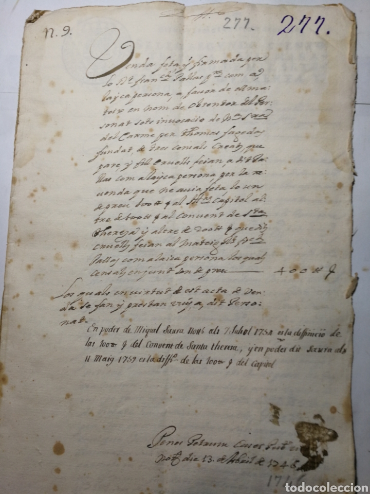 Manuscritos antiguos: documento del 1746 escrito a mano. venta - Foto 1