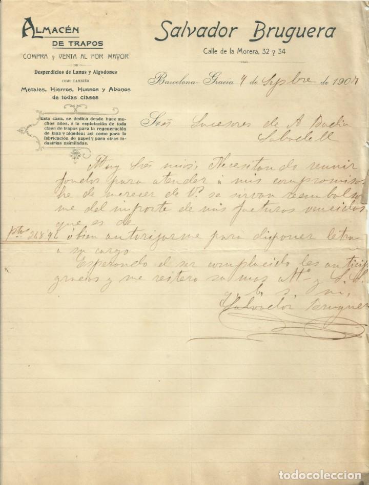 Alte Manuskripte: Salvador Bruguera. Almac&eacute;n de trapos, lanas, algodones Barcelona. 1907. Carta a A. Bad&iacute;a. Sabadell.
