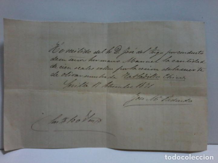 Manuscritos antigos: RECIBI 100 REALES VELLON. CESI&Oacute;N DE OLIVAR TABLADILLO CHICO SEVILLA 1871.