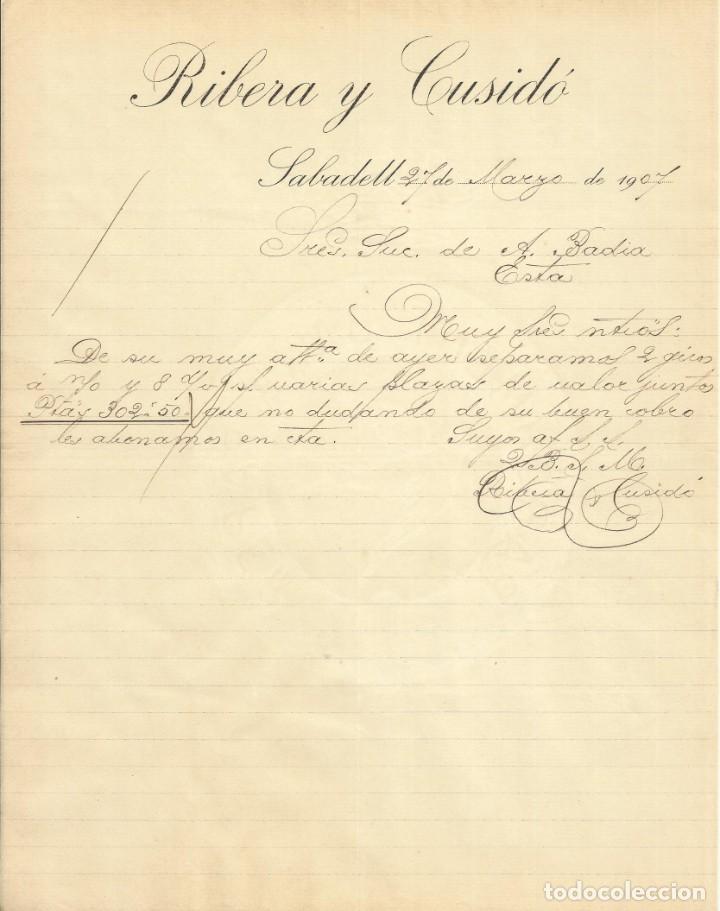Manuscritos antiguos: Ribera y Cusid&oacute;. 1907. Carta a A. Bad&iacute;a. Sabadell. - Foto 1