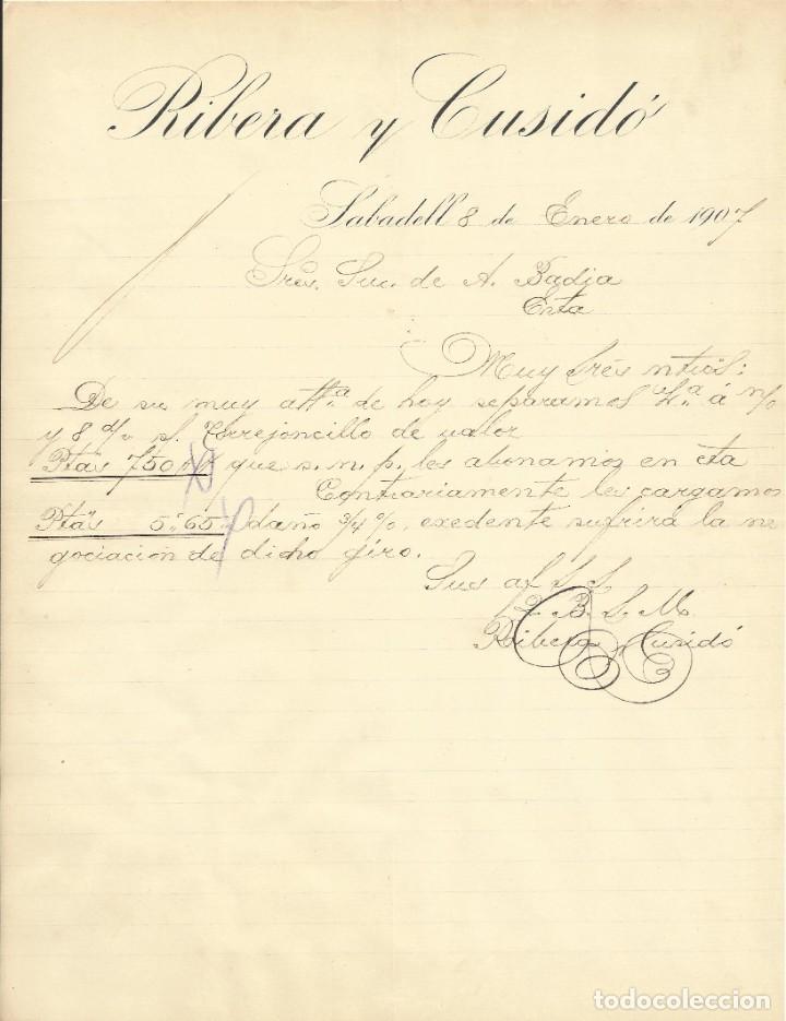 Manuscritos antiguos: Ribera y Cusid&oacute;. 1907. Carta a A. Bad&iacute;a. Sabadell. - Foto 1