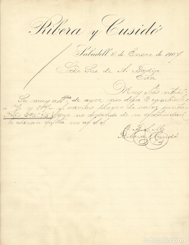 Manuscritos antiguos: Ribera y Cusid&oacute;. 1907. Carta a A. Bad&iacute;a. Sabadell. - Foto 1