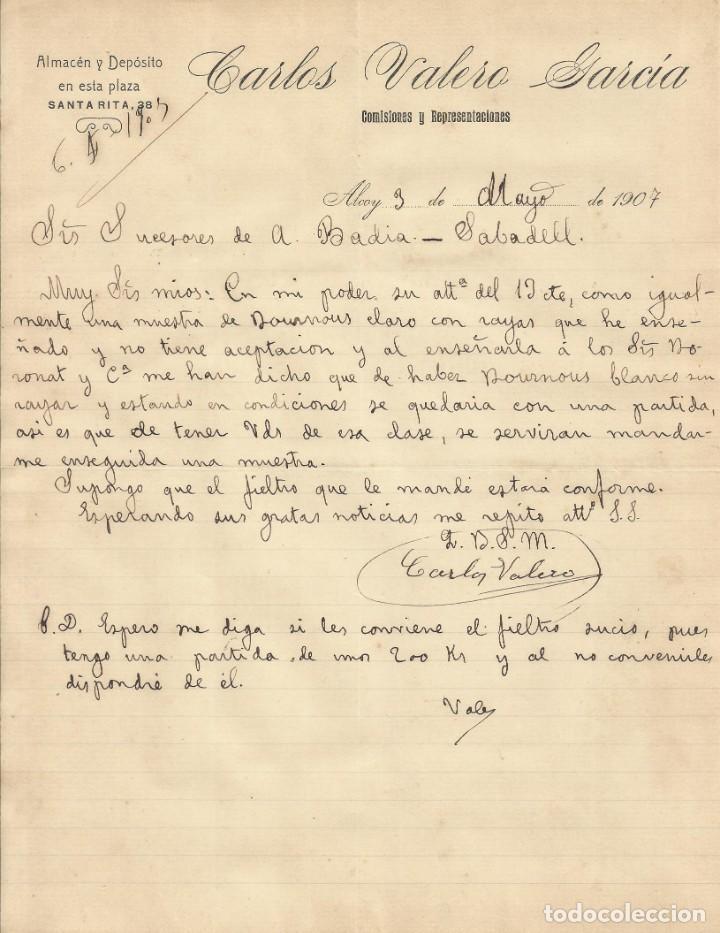 Manuscrits anciens: Carlos Valero Garc&iacute;a. Alcoy. Alcoi. Alicante. Alacant. 1907. Carta a A. Bad&iacute;a. Sabadell.