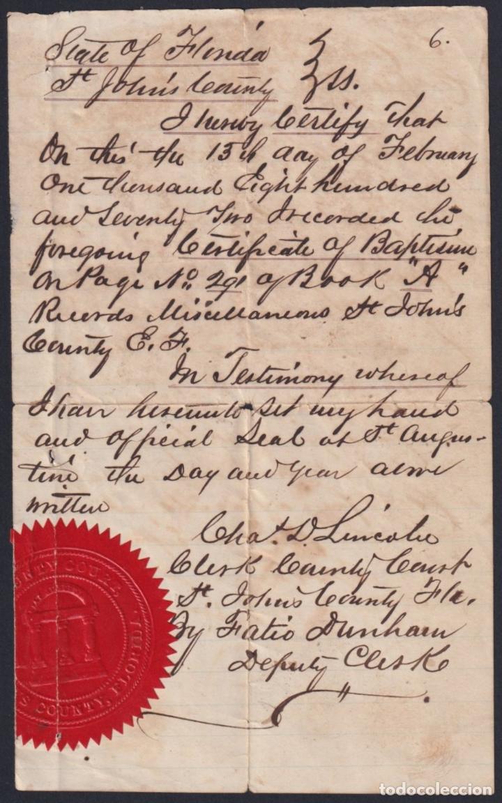 Manuscritos antiguos: E6434 US FLORIDA DOCS BAPTISM ACT 1872. - Foto 2