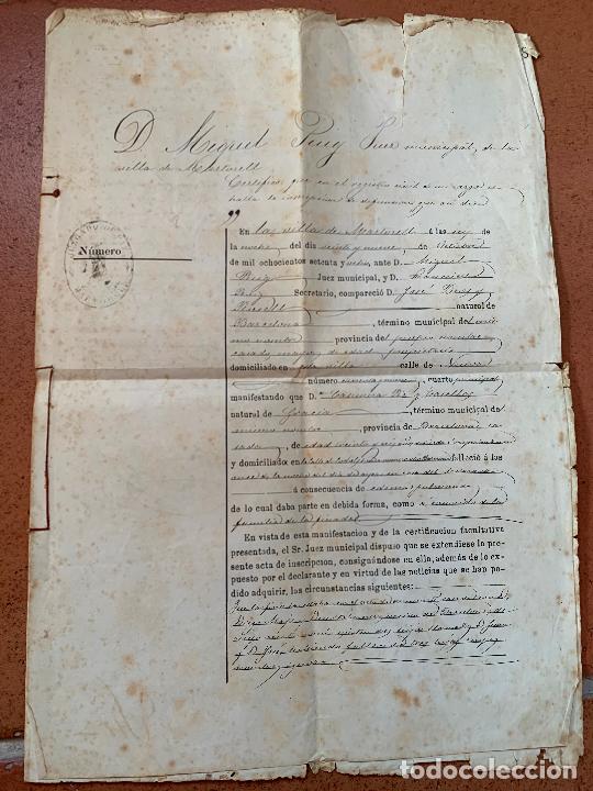 Manuscritos antiguos: Antiguo documento, ACTA DE DEFUNCION, Barcelona, 3 paginas, 1878, PIE-CASELLAS - Foto 1