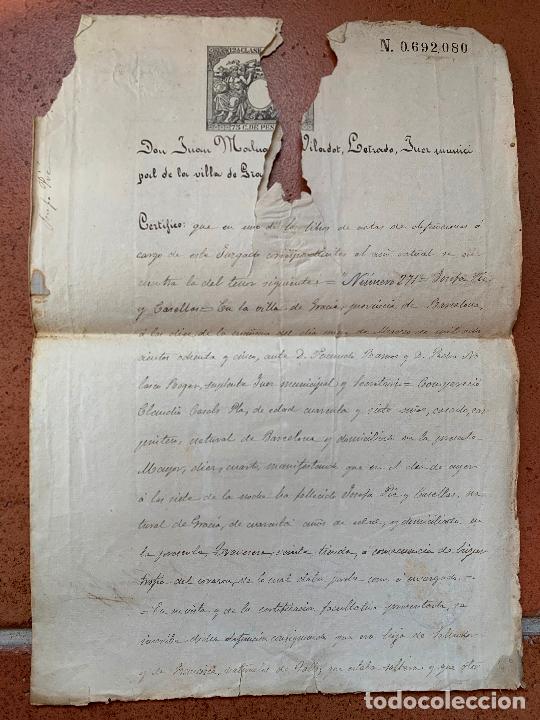 Manuscritos antiguos: Antiguo documento, CERTIFICADO DE DEFUNCION, Barcelona, 1885, PIE-CASELLAS - Foto 1