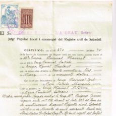 Manuscritos antiguos: 1937 CERTIFICAT DE NAIXEMENT - JUTGE POPULAR LOCAL I ENCARREGAT DEL REGISTRE CIVIL DE SABADELL. Lote 225359360