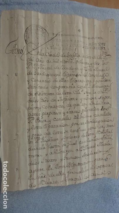 Manuscritos antiguos: ANTIGUA ESCRITURA.MIGUEL DE CENDOYA-MANUEL GARDEAZABAL.DIPUTADOS CONSULADO COMERCIO.SEVILLA 1782
