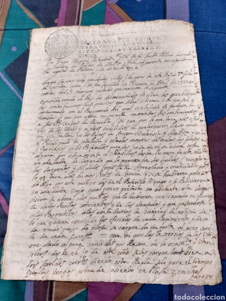 Manuscritos antiguos: 1725 DOCUMENTO 4 HOJAS BALEARES DIEGO NAVARRO INTENDENTE GENERAL - Foto 1