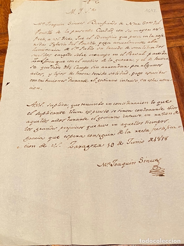Manuscrits anciens: PETICI&Oacute;N ANULACI&Oacute;N PAGO TREUDO CAMPO RABAL DURANTE EL GOBIERNO INTRUSO. JOS&Eacute; SINU&Eacute;S 1818.