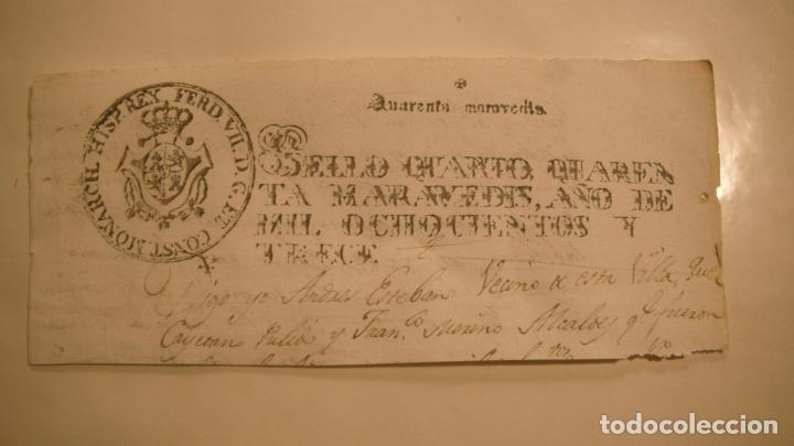 Manuscritos antigos: cabecera PAPEL TIMBRADO,SELLO CUARTO,40 MARAVEDIS,A&Ntilde;O 1813